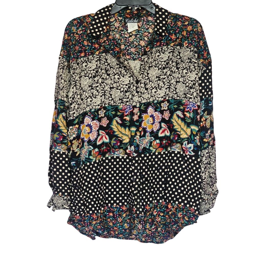 Vintage Caliché Pattern Color Block Button-Up Blouse Sz L Dark Cottagecore Boho